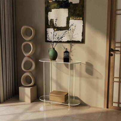 Bàn acrylic cạnh hẹp, thích hợp cho không gian nhỏ làm bàn cạnh sofa/bàn lối vào, tủ đầu giường mỏng trong suốt, bàn phụ kệ sách mở, thích hợp để trưng bày và lưu trữ trong không gian nhỏ như lối vào, phòng ngủ, phòng khách, phòng ăn.