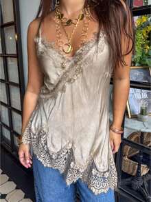 Women Satin Lace Trim Cami Tops Silk V Neck Spaghetti Strap Tank Top Y2k Loose Going Out Camisoles Streetwear - 灰色 - 查看 1