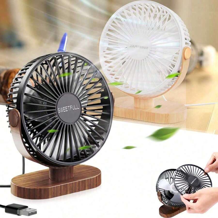 USB Powered Desktop Fan, Mini Electric Fan (Wood Grain Base, Compact With Hook), Suitable For Home Office, Bedroom, School, Outdoor Camping And Travel - Multicolor - View 1