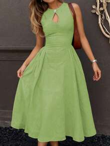 2025 纽扣腰合身连衣裙，春夏女式法式长裙，复古，简约，法式，适合办公室，约会，通勤，教师装，优雅休闲 - 綠色 - 查看 2