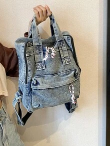 Co., Fall/Winter Fashion, Vintage Texture, Large-Capacity Denim Backpack, Western Purse For Women, Literary School Bag For Teens, Book Bag For Women Or Students, Perfect For Books, Shopping, Back To School And More, School Essential Stuff For Women, Girls & Students - 藍白色 - 查看 4