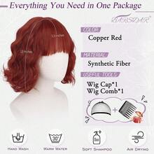Peluca corta ondulada BARSDAR con flequillo, peluca roja cobrizo con ondas cortas y rizadas, pelucas francesas texturizadas con flequillo para mujeres, pelucas de cabello sintético de aspecto natural para Halloween - Mezcla de negro y marrón castaño rojizo - Ver 2