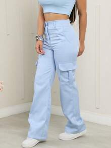 Women's Tailored Cargo Pants, Wide Leg, Side Pockets, High Waist, Casual, Comfortable,  Summer 2025 Fashion - 淺藍色 - 查看 2