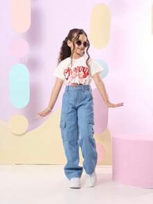 Girls' Wide Leg Cargo Jeans With Pockets - 中等水洗藍 - 查看 3