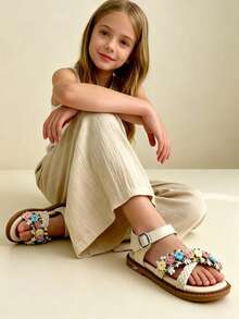 2026 Summer New Girls' Bohemian Colorful 3D Floral Woven Hook And Loop Sandals, Beige Faux Leather Soft Bottom Open Toe Sandals, Daily, Campus, Party, Beach Vacation Essential, Popular Trending Girls' Sandals, Fashion Design Princess Sandals, Soft Bottom Non-Abrasive Holiday Gift Choice - 米色 - 查看 6