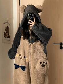 可爱卡通熊连帽卫衣，长袖拉链毛绒派对睡衣 COSPLAY 家居服，女士加厚抓绒保暖连帽衫，撞色毛绒，适合狂欢节、万圣节、音乐节、女士万圣节服装、万圣节连衣裙 - 彩色 - 查看 14