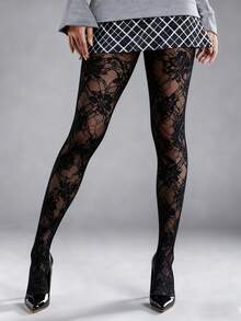 1 Pair Sexy Vintage Hollow Lace Floral Pattern Sheer Black Pantyhose For Women - Multicolor - View 4