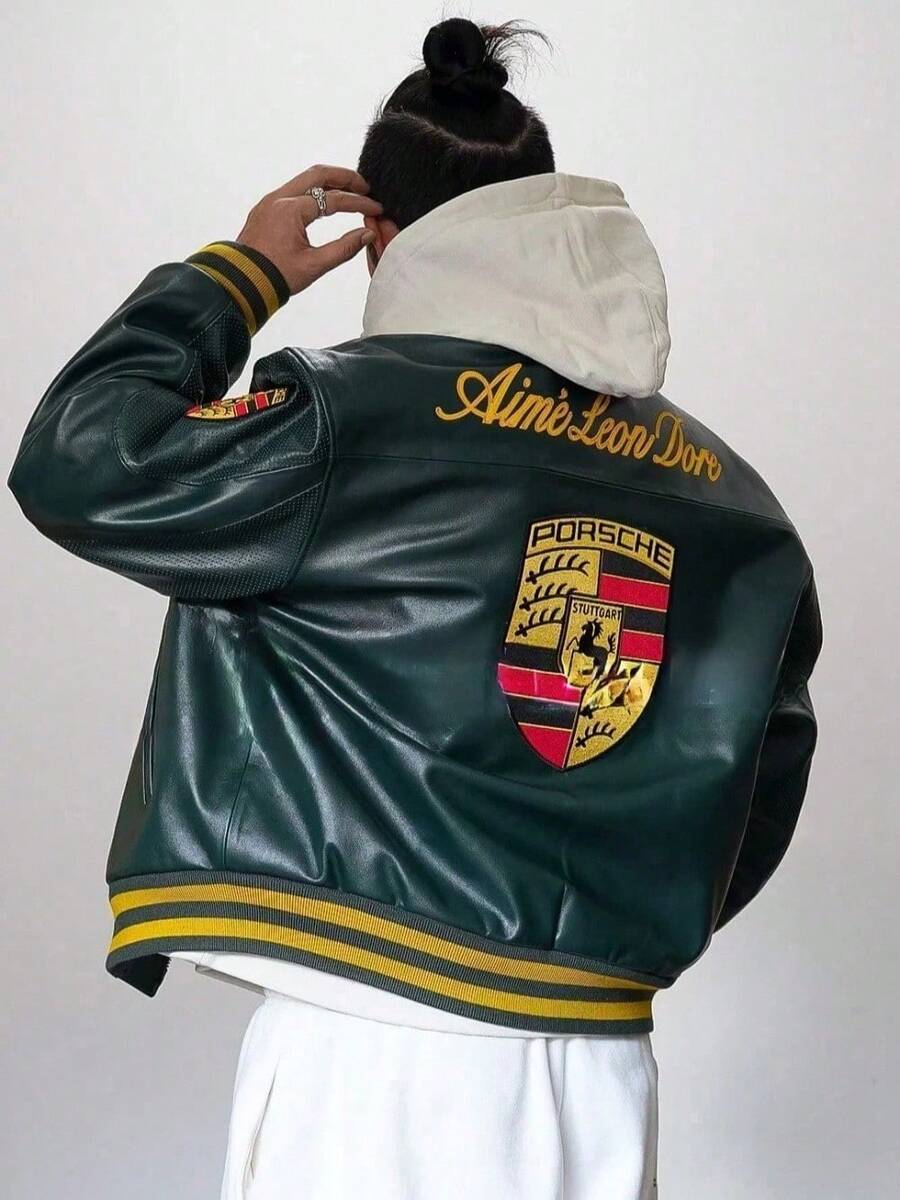 Unisex Vintage Engineer Jacket | Track-Inspired Leather W/ Micro-Badge Embroidery Heritage Racing Patina - Retro Motorsport Core - 綠色 - 查看 1