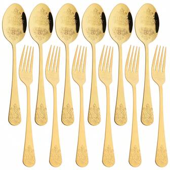 Jokipvy 12pcs Forks And Spoons Cutlery Set (6 Forks + 6 Spoons), Stainless Steel Flatware Set, Mirror Polished Unique Flat Tableware, Suitable For Home, Kitchen, Restaurant, Hotel, Merry Christmas/Festival