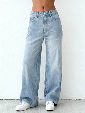 Büyük Beden Kadınlar Günlük Moda Yıkanmış Bol Paça Kot Pantolon