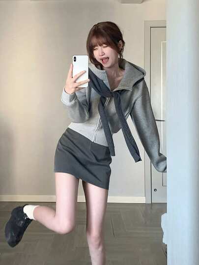 Women's Solid Color Minimalist Short Hooded Sweatshirt, Long Sleeve Sweatshirt Casual Spring