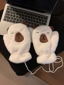 1 Pair Teens Adorable Cartoon Winter Mittens - Thermal Lined Warm Gloves With Lanyard For Campus & Outings - Kapibala - View 5