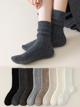 2 pares/1 par de calcetines de lana de mezcla de varios colores hasta la pantorrilla para mujeres, calcetines gruesos y cálidos a rayas para uso diario en otoño/invierno