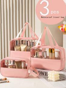 3pcs/Set High Quality PVC Makeup Bag, Suitable For Women And Girls, Large Capacity Travel Toiletry Organizer Bag With Zipper Closure, Lightweight, Fade-Resistant And Easy To Clean, Transparent PVC Makeup Bag, Beauty Products Storage Bag, Large Plastic Tote Travel Makeup Bag, Waterproof Handbag, Outdoor Travel Business Waterproof Dustproof Toiletry Cosmetic Organizer Bag, Gift, Convenient Waterproof Zipper Plastic Bag Toiletry Bag