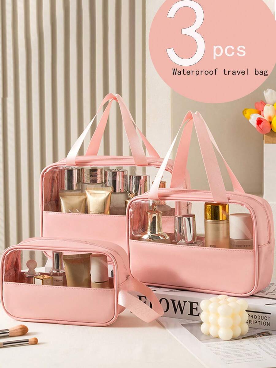 3件套高品质PVC化妆包，适合女性和女孩，大容量旅行洗漱收纳包，拉链封口，轻便、不易褪色、易于清洁，透明PVC化妆包，美容产品收纳袋，大号塑料手提旅行化妆包，防水手提包，户外旅行商务防水防尘洗漱化妆品收纳包，礼品，便捷防水拉链塑料洗漱包