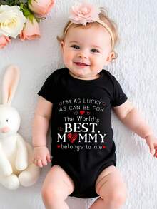 Round Neck Short Sleeve Bodysuit I'm As Lucky As Can Be For The World's Best Mommy Belongs To Me Soft 100% Cotton Bodysuit, Easy-Care Snap Closure Outfit For, Perfect Mother's Day Or Birthday Gift For - Unisex Clothing - 黑色 - 查看 2