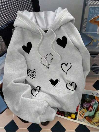Sudadera con estampado de corazones, estilo dulce y casual