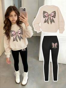 Tween Girl Bow Graphic Print Warm Crew Neck Sweater And Leggings Set