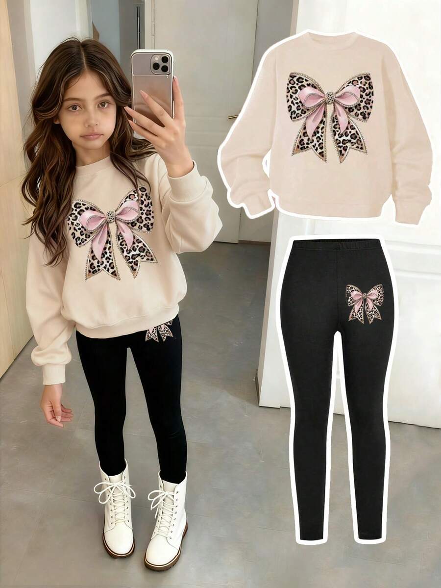 Tween Girl Bow Graphic Print Warm Crew Neck Sweater And Leggings Set