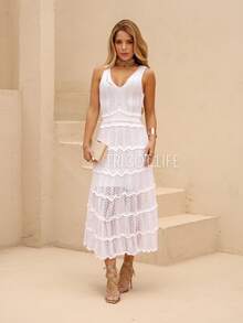 Women's Midi Dress, Knit, Summer, Crochet, Ruffles, Party, Beach, Elegant, Christmas, New Year's Eve, Premium - 白色 - 查看 6