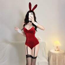 Sexy Lingerie Velvet Bunny Girl One-Piece Crotch Hidden Button Uniform Teasing Passion Suit Nightclub Performance Costume Christmas Gift - 紅兔女郎+黑色絲襪 - 查看 4