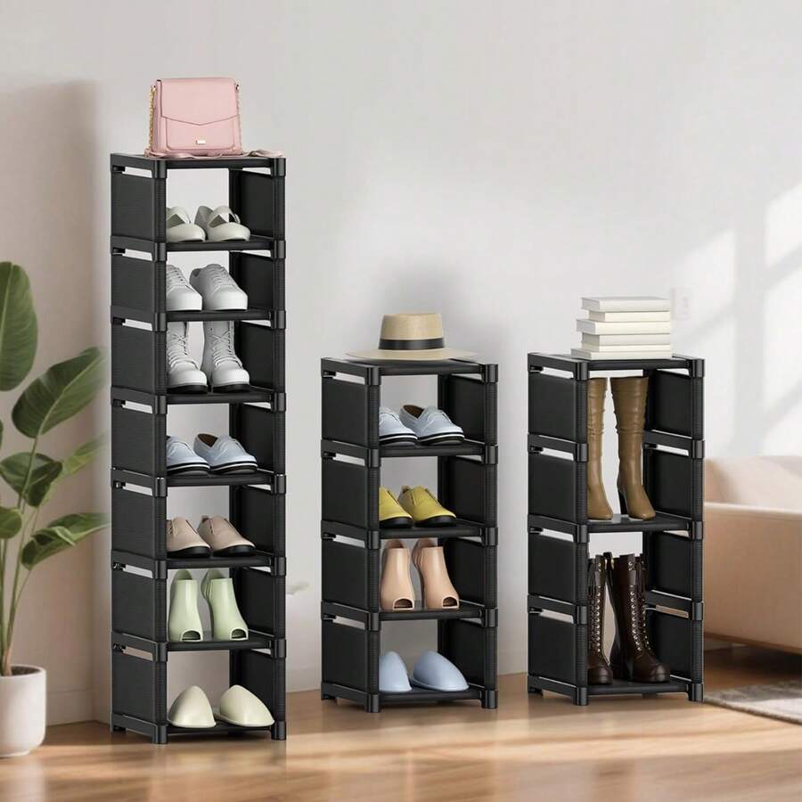 Vertical Narrow Tall Shoe Rack For Narrow Space,6/7/8 Tiers Stackable Metal Shoe Rack Cabinet Organizer For Closet Entryway, Hallway, Bedroom, Cloakroom, Stairwell, Available In Black Or White - 黑色 - 查看 1