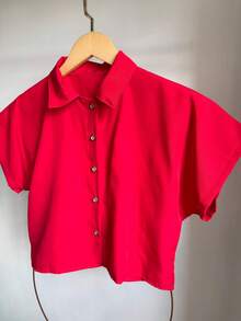 AZALEA Casual Striped Printed Loose Cropped Shirt - Đơn sắc đỏ - Xem 3