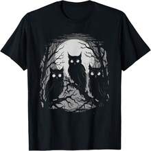Creepy Owls Gothic Weirore Evil Owls Moonlit Forest Horror T-Shirt - 黑8 - 查看 1