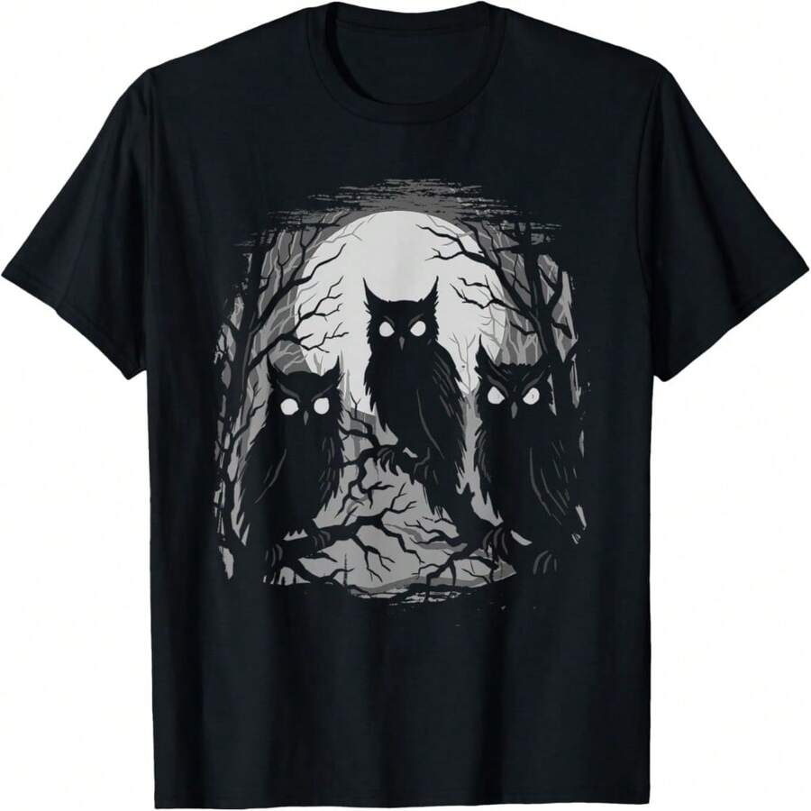 Creepy Owls Gothic Weirore Evil Owls Moonlit Forest Horror T-Shirt - 黑8 - 查看 1