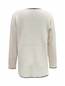 Elegant Long-Sleeved Cardigan With Contrasting Trim And Button-Front Pockets - White - View 2