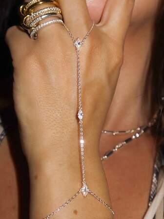 1件时尚优雅水钻装饰金属链条指环手链，适合女性日常佩戴、派对和聚会。