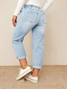 女士弹力腰水洗牛仔七分裤，适合通勤和休闲穿着，秋季款 - 淺色水洗藍 - 查看 1