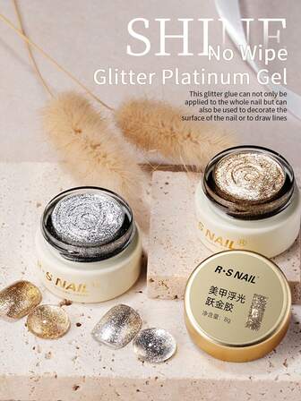 RS NAIL RSNAIL No Wipe High-Density Platinum Gel 8g Gold&Sliver Super Shiny Waterless Glitter Edged Pull Line Painting Gel Nail Polish, Manicure & Pedicure Nail Art Designs For Salon&DIY At Home Twinkling Visual Effect Suitable For Festival Holiday UV LED Soak Off