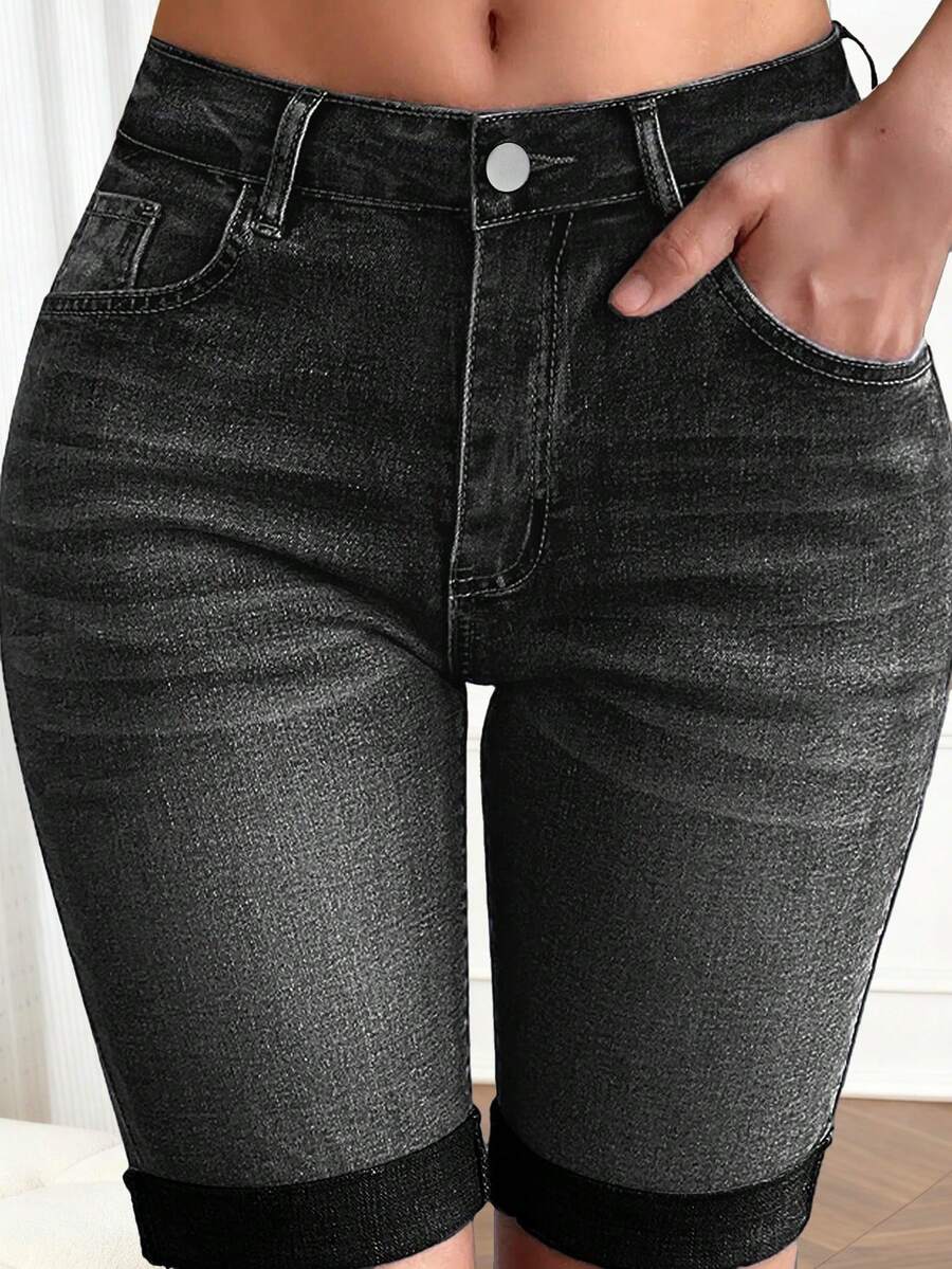 Women's Washed Pockets Stretchy Slim Fit Denim Cycling Shorts - Dark Grey - View 1