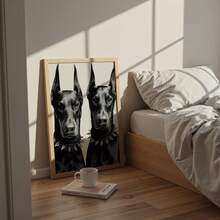1幅无框双杜宾犬肖像海报，奢华黑白杜宾犬墙饰，现代狗狗图案，适用于卧室、客厅、宿舍 | 卧室装饰，宿舍必备 - 彩色 - 查看 3