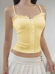 Sunny Girly Fall Women Clothes Y2k Back To School A Sexy And Pure Style Button-Down Front Button-Fitted Halter Top Romantictops Going Out Tops Women - Yellow - View 10