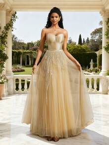 VIPGIRL 优雅浅黄色无肩带缎面雪纺晚礼服，露背系带设计，女士正式晚礼服，女士舞会礼服，短款返校礼服 - 黃色 - 查看 6