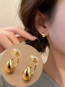 1 Pair Fashionable Mini Water Drop Copper Earrings For Women, Clip-On Earrings With Elegant Vibe, Suitable For Daily Wear And Gifts - Ear Clip - View 1