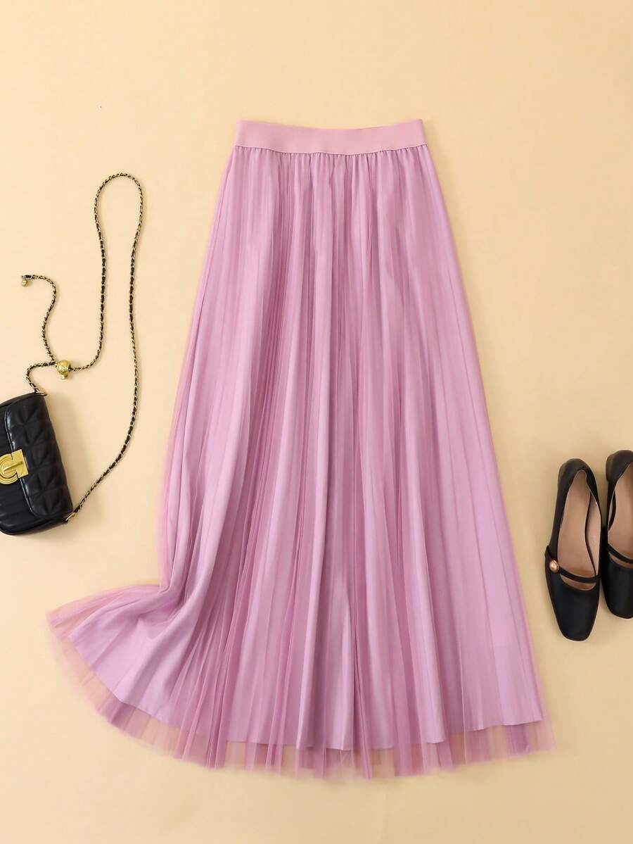 LuminousWealth Women's Elegant Pleated Mesh A-Line Skirt, Suitable For Casual Or Office Wear, Minimalist & Graceful | Polyester Mesh Skirt, Suitable For All Seasons, Great For Christmas & New Year - 中紫紅色 - 查看 1