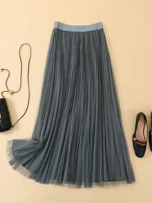 LuminousWealth 女士优雅褶裥网纱 A 字裙，适合休闲或办公场合穿着，简约优雅 | 涤纶网纱裙，四季皆宜，非常适合新年、派对等场合 - 墨綠色 - 查看 2