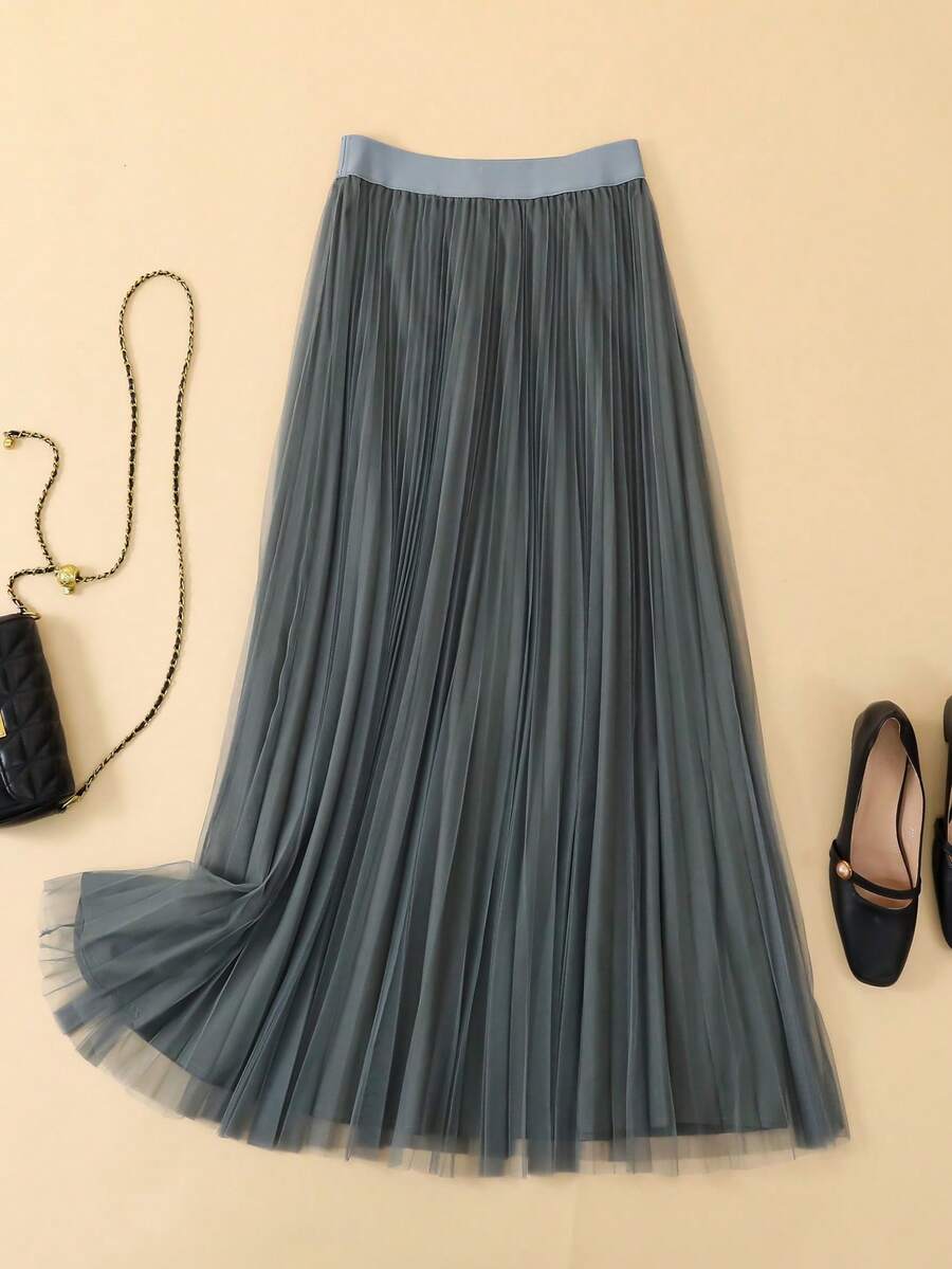 LuminousWealth Women's Elegant Pleated Mesh A-Line Skirt, Suitable For Casual Or Office Wear, Minimalist & Graceful | Polyester Mesh Skirt, Suitable For All Seasons, Great For Christmas & New Year - Màu xanh lá cây đậm - Xem 1
