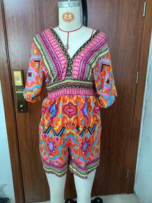 女式波西米亚风印花挂脖收腰短袖连体衣，适合夏季、休闲度假和音乐节穿着 - 橘色 - 查看 1