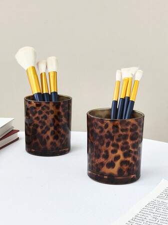 1pc Retro Leopard Print Glass Storage Jar, Makeup Brush Holder, Lipstick/Eyeliner/Eyebrow Pencil Organizer, Desktop Decor, Fashionable Gift For Family And Friends
