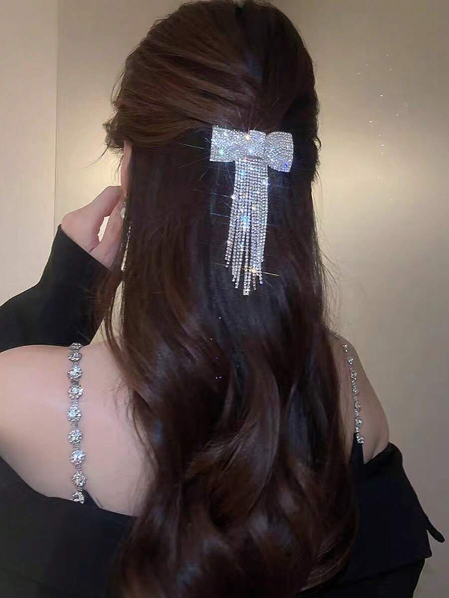 1个水钻蝴蝶结发夹，银色水晶流苏发卡，闪亮蝴蝶结发夹，时尚发饰，适合婚礼、派对、舞会，爪夹，发夹，发卡，女士发饰，头部饰品，发卡 - 銀色 - 查看 1