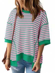 Womens Oversized Striped Color Block Crewneck Cotton T Shirts Summer Casual Loose Half Sleeve Top - Màu xanh pastel - Xem 2