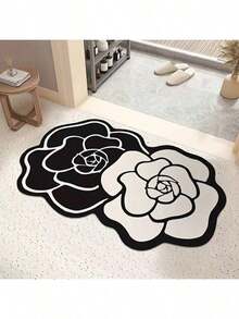 Non-Slip Floor Mat, Machine Washable, Floral Pattern Design Bath Mat, Bathroom Mat, Anti-Slip Bath Mat, Quick-Absorbing, Fast-Drying, Soft Bathroom And Bedroom Carpet, Door Mat, Entryway Mat - Black and White Flower - View 11