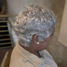 Silvery Gray Pixie Cut Curly Wave Human Hair Wig For Women, Short Loose Wave Style, Glueless Rose Net Cap, Non-Lace Pixie Cut Wigs For Women, With Bangs Ideal Mommy Wig Perfect For Daily Use Wear, Halloween Costumes, Christmas - SSilver Gray - View 9