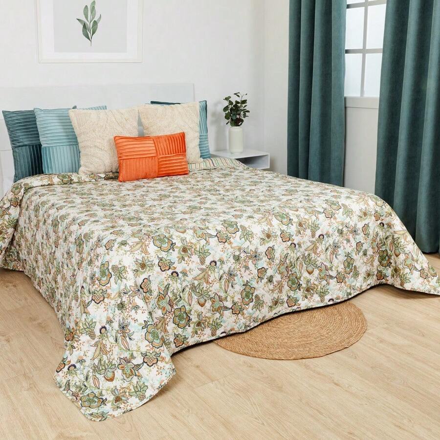 Tramas+ Estefanía Hunting Green Bouti 床罩 - 優雅的花卉和葉子印花,以綠色和橙色為主色調,雙面可用,一面為條紋,帶滾邊,適用於 90 厘米、105 厘米、120 厘米、135-150 厘米和 180 厘米的床 - 舒適時尚,打造精緻自然的裝飾風格。 - 綠色卡塞里亞 - 查看 1