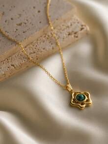 1pc Elegant French Style 18K Gold Plated Stainless Steel Geometric Oval Flower Natural Stone Pendant Necklace, Hypoallergenic Clavicle Chain Suitable For Women Daily Wear And Couples Gift - Gold - View 9
