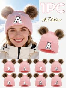 1pc Unisex Pink Personalized 26 Letter Print Faux Fur Pom Pom Knit Beanie Hat, Soft Warm Fashionable All-Match Cold-Proof Accessory, Suitable For Autumn/Winter Outdoor Daily Use, Great As Gift